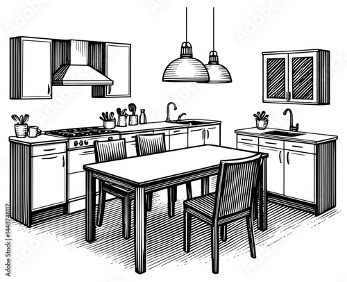 Kitchen dining area ink drawing in black and white, cozy home interior