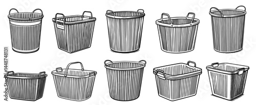 Line drawn Laundry plastic baskets vintage etching style black and white, storage containers.