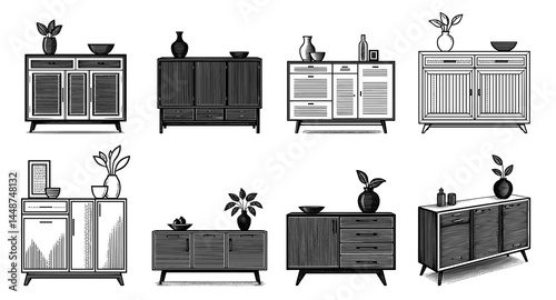 Mid-century modern sideboards vintage woodblock style black and white, home furniture.
