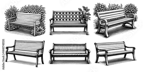 Vintage park benches wood engraving style black and white representing outdoor seating