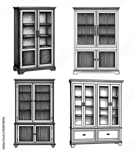 antique china cabinets line drawing style black and white, vintage furniture collection