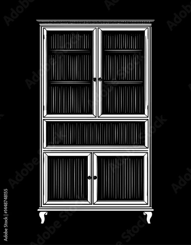 Tall wooden cabinet line drawing vintage style black and white on black background, classic furniture