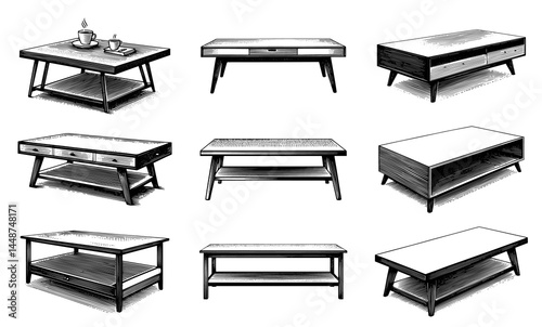 Coffee table set line drawing vintage style black and white illustration