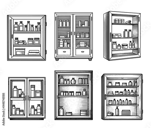 antique apothecary cabinets set wood-engraving style black and white, vintage storage