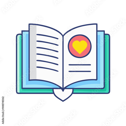 Open book with heart illustration for love story reading and romantic literature concept design