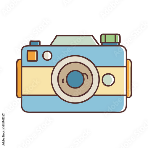 Illustration of a blue camera with a lens and flash for photography and capturing memories and moments
