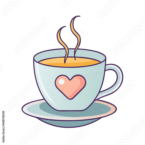 Illustration of a cup of tea with heart design and steam, a beverage drink for relaxation time
