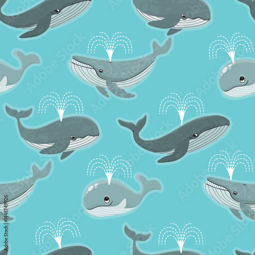 Marine seamless pattern with swimming whales. Cartoon ocean characters with  fountains. Grey and white colors on blue background. Vector design for printing on fabric and paper. Endless wallpaper