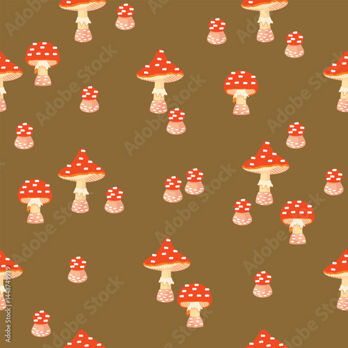 Fly agaric mushrooms seamless pattern. Wild forest mushroom with a red cap with white speckles and a pink stem. Brown background. Print on fabric and paper. Vector design for textile, wallpaper.