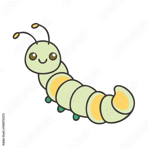 Illustration of a cute cartoon caterpillar insect larva with happy face and green and yellow body