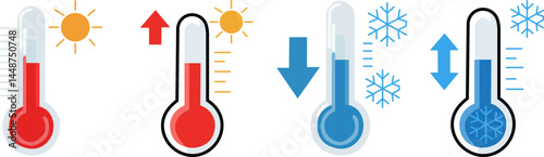 Colorful set of rising and falling thermometer icons representing hot and cold temperature changes, weather fluctuations, climate control, seasonal shift, and heat or cold alerts in forecasts

