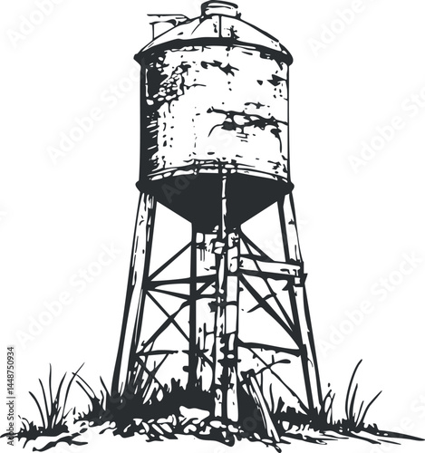 Black and white illustration of a rusty elevated water tank tower with surrounding grass and plants.