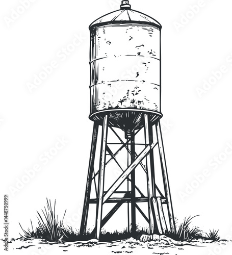 Black and white vintage illustration of an old elevated cylindrical water tank with metal support structure and grass around base