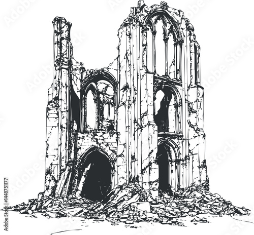 Black and white illustration of an old ruined stone building with arches and debris scattered around