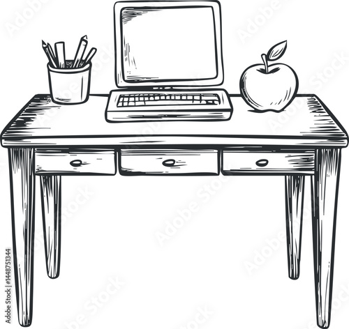 Black and white sketch of a desk with a computer, pencils in a cup, and an apple on top.