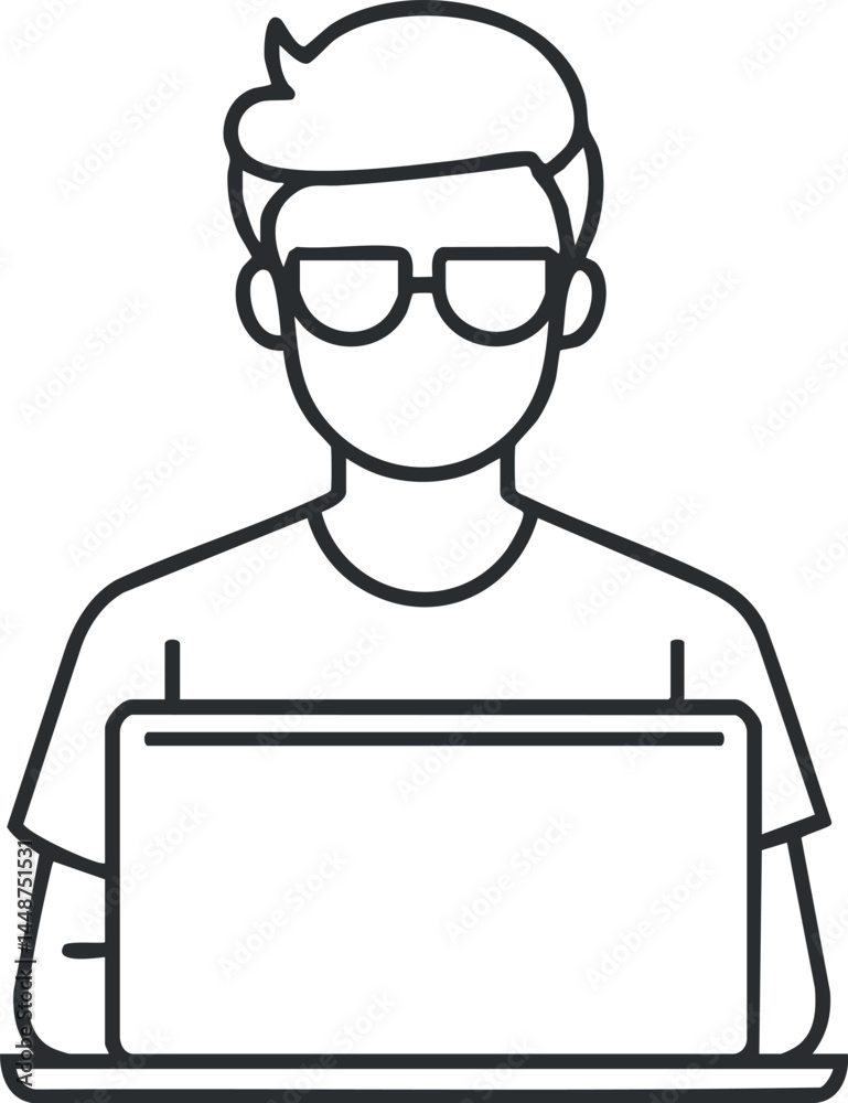 Obraz premium Line art illustration of a man wearing glasses working on a laptop computer at a desk.