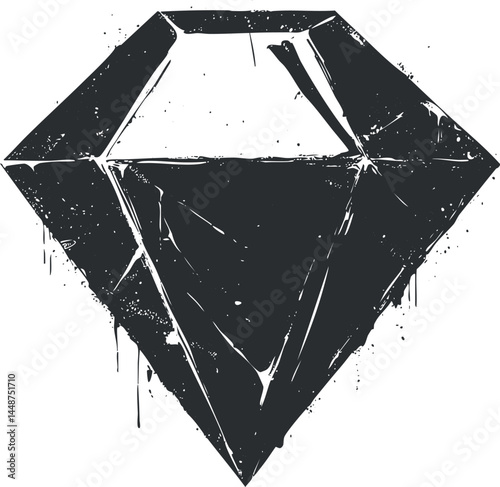 Black grunge style diamond illustration with rough texture and dripping paint effect
