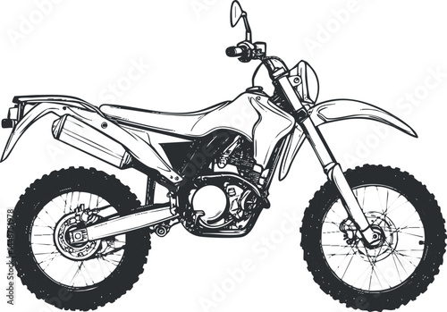 Black and white illustration of an offroad dirtbike motorcycle with detailed wheels and engine