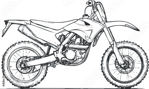 Black and white sketch of a dirtbike motorcycle showing detailed mechanical parts and offroad tires