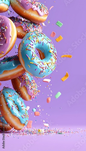 Colorful donuts in mid-air, with sprinkles and frosting
