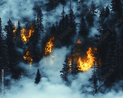 Forest fire burning through trees with smoke