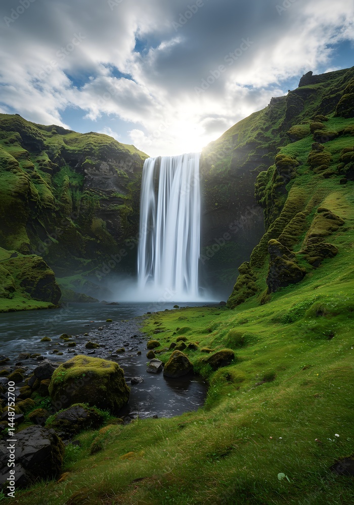 Fototapeta premium Majestic Icelandic waterfall cascading through lush green landscape under brilliant sky with scattered clouds creating ethereal beauty, inspiring tranquility
