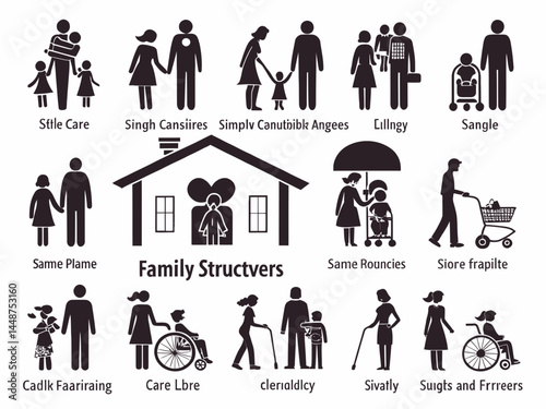 Illustration of stick figures depicting diverse family structures and caregiving relationships shown in black