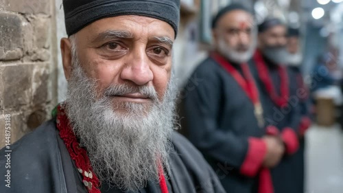 Spiritual leaders gather for ritual in a historic temple during the sacred festival season in an ancient city