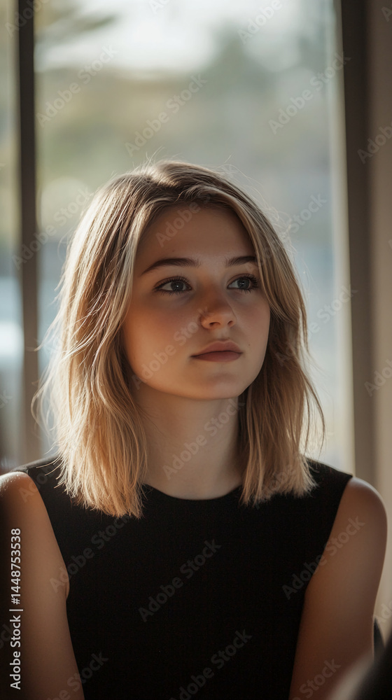 Obraz premium Close-up of young woman with blond hair, wearing black top, looking away near window, conveying calmness and contemplation, ideal for lifestyle or beauty concepts