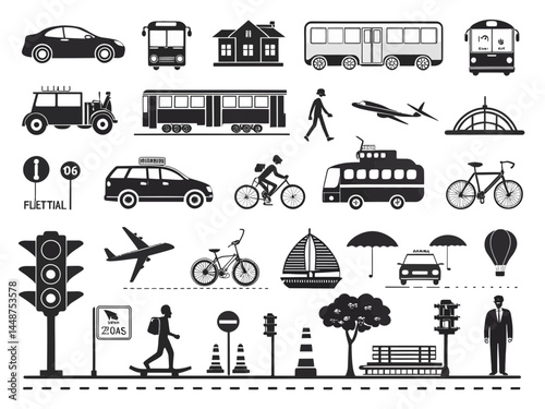 Illustration showcasing various modes of transportation and urban elements in black and white style