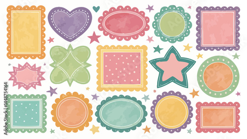 Collection of watercolor frames with various shapes and colors scattered with small stars