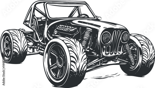 Black and white illustration of a high performance dune buggy offroad vehicle with large tires and powerful engine