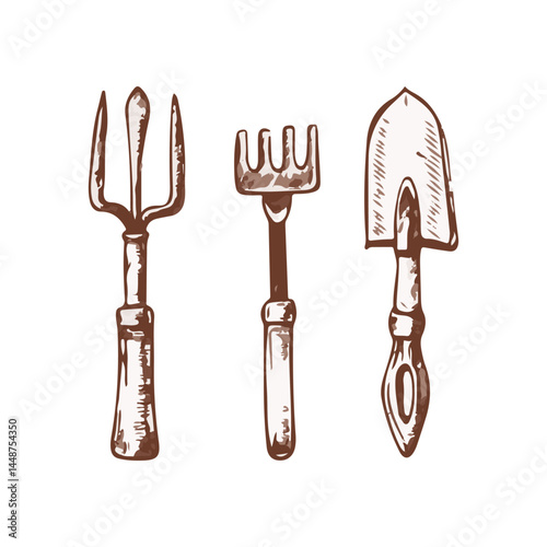 Monoline Vector Sketch Gardening DIY Tools, Vintage Style Hand Drawn Equipment Icons