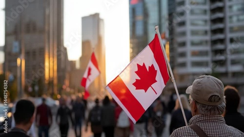 Citizens gather in the city streets with Canadian flags, celebrating unity and pride during a vibrant sunset event