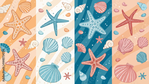 Illustration of starfish and seashells in four color variations on striped backgrounds artful design
