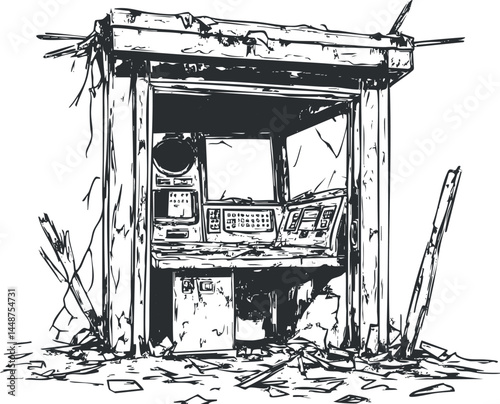 Black and white illustration of an old abandoned control console with damaged electronic equipment and scattered debris
