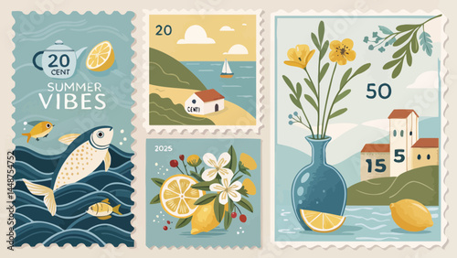 Collection of five stylized postage stamps featuring summer and mediterranean themed illustrations