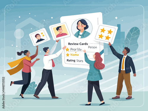 Team presenting review cards with profiles names and star ratings in a modern business setting scene