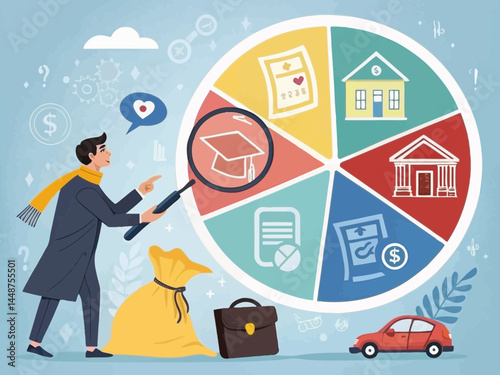 Man analyzing financial planning wheel with magnifying glass focusing on education goal shown here