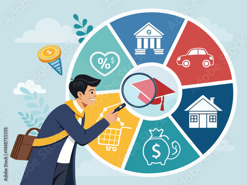Man analyzing financial options with magnifying glass on pie chart segments illustration
