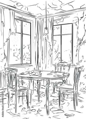 Black and white sketch of an abandoned, dilapidated room with peeling walls, empty table and chairs.