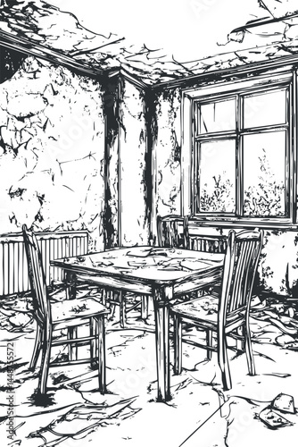 Abandoned room interior with peeling walls and ceiling, old table and chairs near window