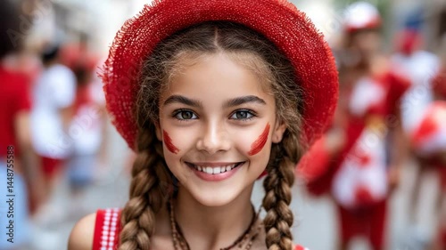 Joyful celebration with smiling girl in red hat and face paint during vibrant summer festival