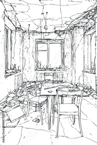 Interior of an abandoned and ruined room with broken furniture and cracked walls in decay