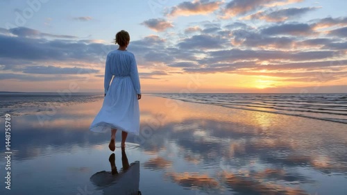 Walking serenely along the shore at sunset with soft waves and colorful skies