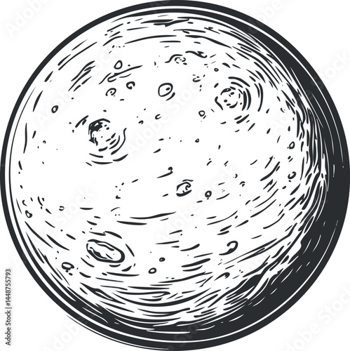 Black and white sketch illustration of the moon showing craters and lunar surface texture