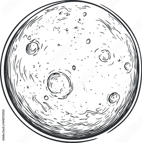 Hand drawn detailed illustration of the moon with craters and textured lunar surface in black and white