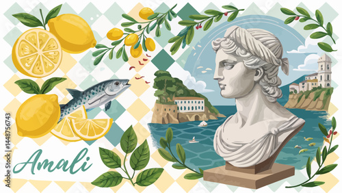 Illustration showing lemons fish statue and amalfi coast in a decorative frame design style art