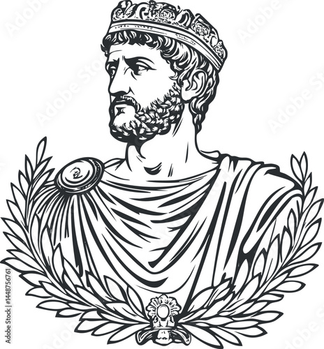 Black and white illustration of a bearded king wearing a crown and laurel wreath in classical style