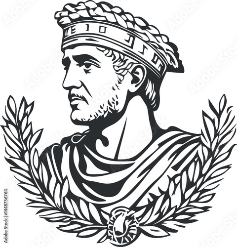 Black and white illustration of a Roman emperor wearing a laurel wreath and traditional robe in profile view